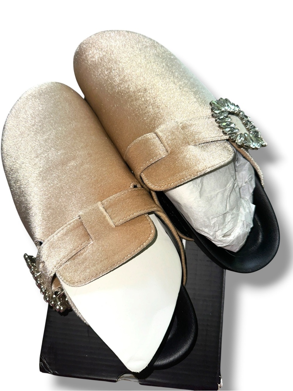 NIB SZ 11 Women's Velvet Slip-On Mules with Crystal Buckle - Champagne